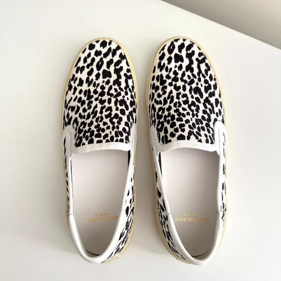 SAINT LAURENT Black/White Leopard Print Canvas Slip-On Sneakers Size 38.5 - Picture 3 of 10
